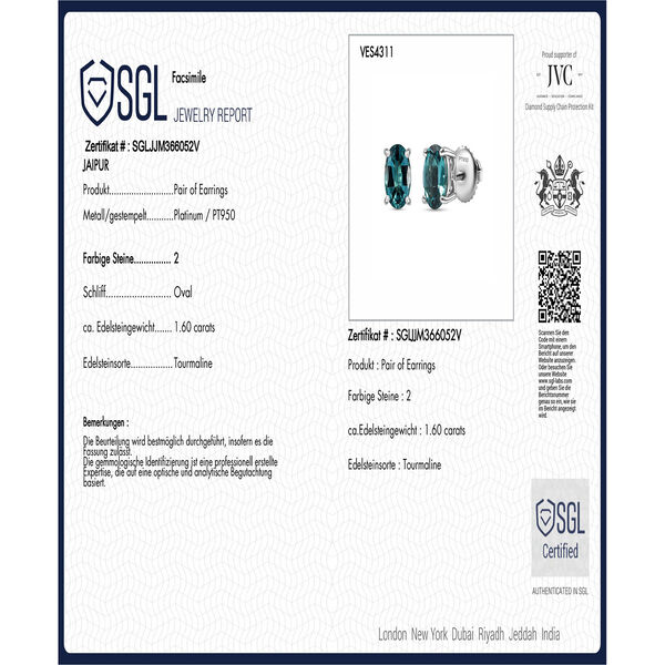 RHAPSODY AAAA Lagunen Turmalin Ohrringe in 950 Platin - 1,63 ct. image number 9