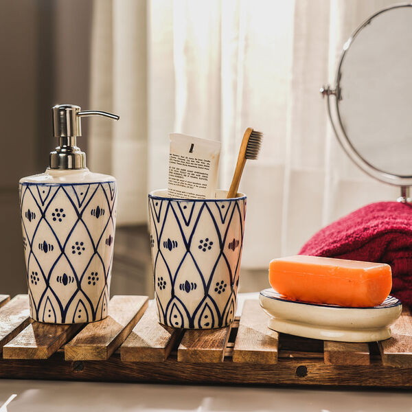 3er-Set Keramik-Zubeh&ouml;r f&uuml;r Badezimmer, Blau und Wei&szlig; image number 2