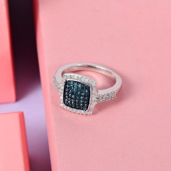 Wei&szlig;er und blauer Diamant-Halo-Ring, 925 Silber platiniert, 0,75 ct. image number 2
