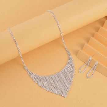 2er Set - Wei&szlig;er Kristall Ohrringe und Halskette Schmuckset, silberfarben