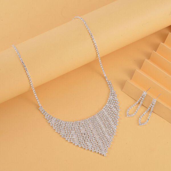 2er Set - Wei&szlig;er Kristall Ohrringe und Halskette Schmuckset, silberfarben image number 1