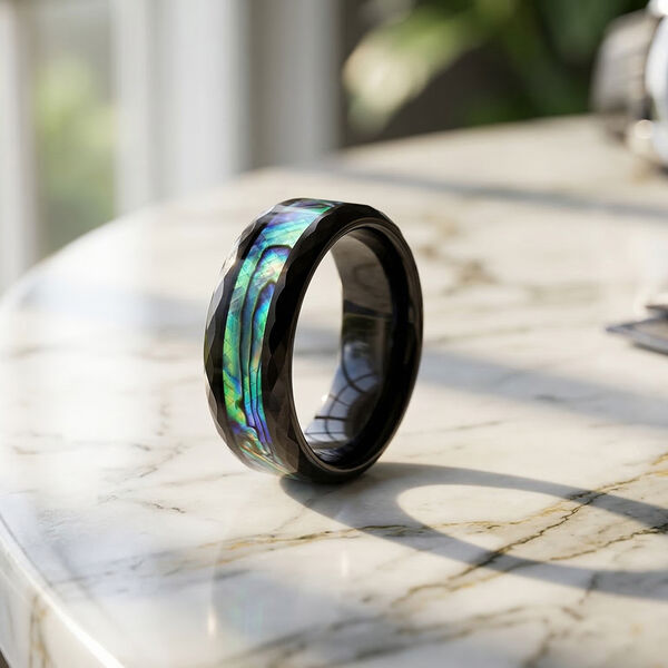 Abalone Muschel Ring Reines Wolframcarbid IP-Schwarz-Plattierung (Gr&ouml;&szlig;e 16.25) image number 2