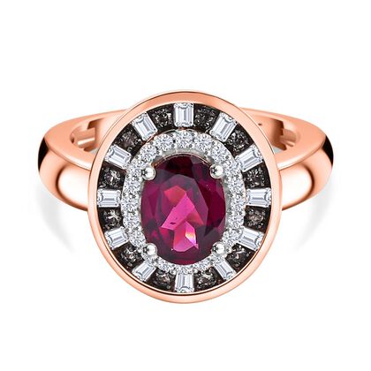 Nat&uuml;rlicher Rhodolith Granat, Wei&szlig;er und Champagner Zirkon Ring 925 Silber 750 Ros&eacute;gold Vermeil (Gr&ouml;&szlig;e 19.00) ca. 2.37 ct