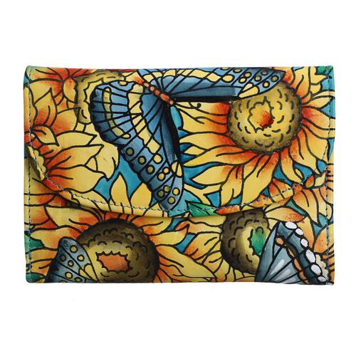 SUKRITI - handbemalte Bi-Fold Geldbörse aus echtem Leder mit RFID Schutz, Schmetterling, 14x9,52 cm, Türkis image number 0