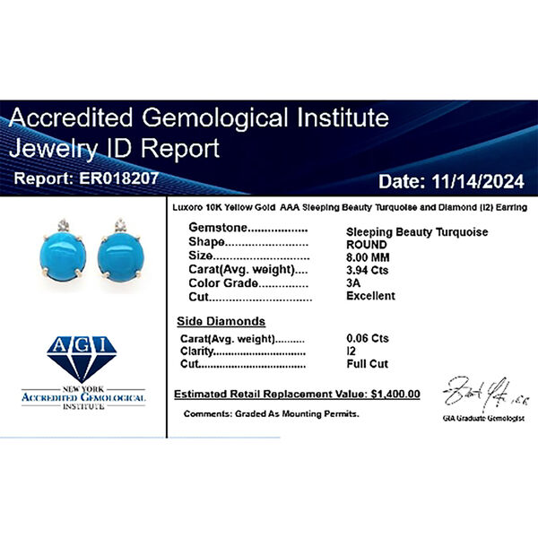 LUXORO zertifiziert und geprüft AAA Sleeping Beauty Türkis und Diamant Ohrringe in 417 Gold - 4 ct. image number 5