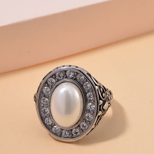 Weißer Zirkonia, Weiße Muschelkernperle Ring Reiner Edelstahl (Größe 16.00) image number 1