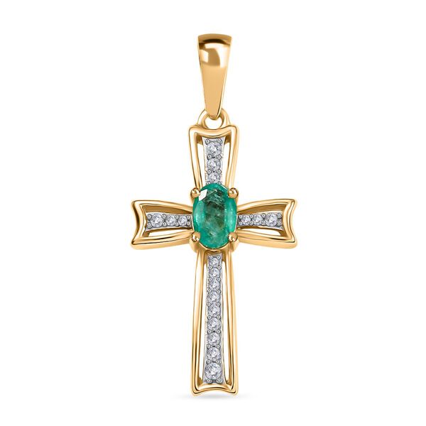 Eternal Cross - D joy Kagem Sambischer Smaragd, Weißer Zirkon Anhänger 925 Silber 750 Gelb Vergoldet ca. 0.64 ct image number 0