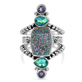 Sajen Silber - Drusy, Pfau Quarz Triplette, Iolit Ring 925 Silber rhodiniert (Gr&ouml;&szlig;e 17.00) ca. 6.20 ct