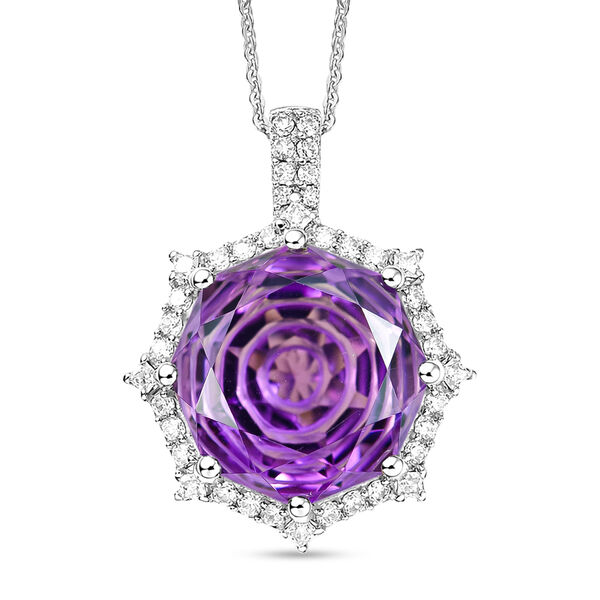 D'Joy Rose De France Amethyst und Moissanit Anh&auml;nger mit 50cm Kette - 12,96 ct.