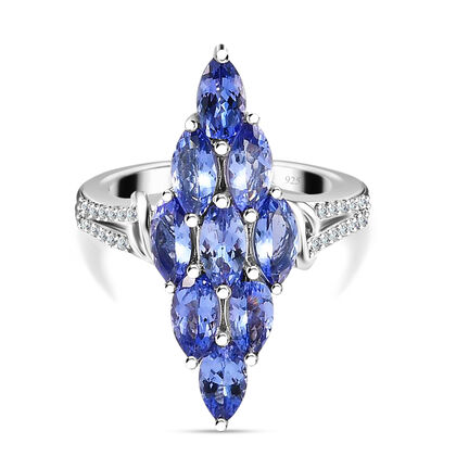 Tansanit und Zirkon Cluster Ring 925 Silber platiniert (Gr&ouml;&szlig;e 17.00) ca. 3,25 ct