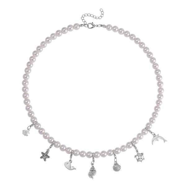 Wei&szlig;e Muschelkernperle Halskette ca. 50 cm Legierung Schwarz oxidiert