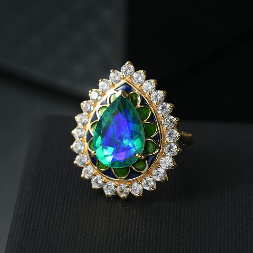 D’joy Pfau Quarz Triplette, Weißer Zirkon Ring 925 Silber 750 Gelbgold Vermeil (Größe 20.00) ca. 7,78 ct image number 1