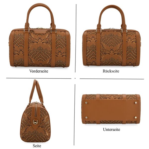 LA MAREY Brokat Crossbody Tasche aus Seide und Echtleder, 30x18x15cm, Braun image number 4