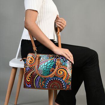 Handbemalte Satchel-Tasche aus 100% Echtleder mit kunstvoller Pr&auml;gung und Mandala-Design, 31x10x23cm, Blau-Tan