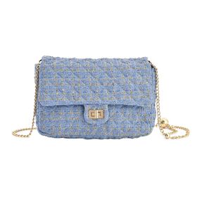 Schultertasche aus 100% echtem Leder mit Boucle Stoff und verstellbares Metallriehmen, 24x14x8 cm, Türkis