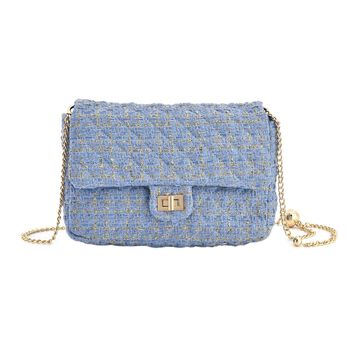 Schultertasche aus 100% echtem Leder mit Boucle Stoff und verstellbares Metallriehmen, 24x14x8 cm, T&uuml;rkis