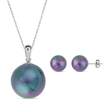 Muschelkernperle Schmuckset, Tahiti-Farbe, 925 Silber, rhodiniert, Edelstahl-Kette