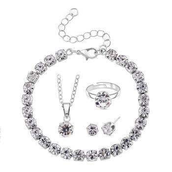 4er Set - Wei&szlig;er Kristall Schmuckset Nickelfreies Messing Silberfarben, Flexibles (Gr&ouml;&szlig;e 17.00-18.00)