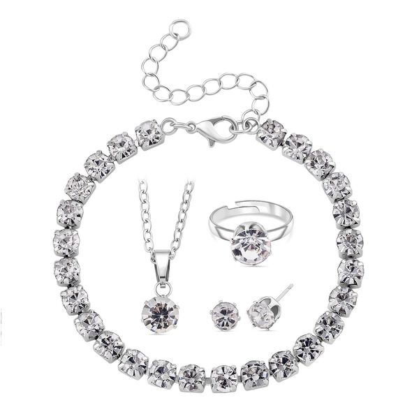 4er Set - Wei&szlig;er Kristall Schmuckset Nickelfreies Messing Silberfarben, Flexibles (Gr&ouml;&szlig;e 17.00-18.00)