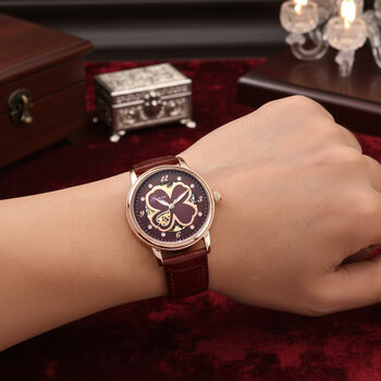 GENOA Automatikuhr mit Automatikwerk, Zifferblatt mit Blumenmuster und Moissaniten, weinrotes Lederarmband, 36mm