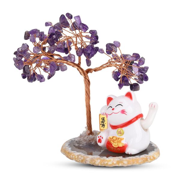 LIVMORE Solar Edelstein Gl&uuml;ckskatze Dekoration mit Achatbasis und 108 Amethyst Steinen ca. 11 cm Lila image number 2