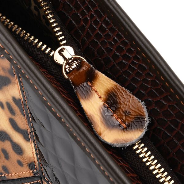"Chaos by Elsie Genuine Leather Tote bag with RFID Color:black with brown leopard  Embossed crocdile shining rhomboid pattern Size:30*14*27cm           Wall: Genuine Leather Lining: Polyester                Exterior:zipped-2, Interior:zipped-2 , slip-2 image number 7