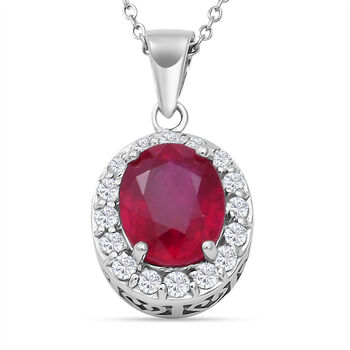 Afrikanischer Rubin und wei&szlig;er Zirkon-Anh&auml;nger mit Kette, ca. 45 cm, 925 Silber platiniert ca. 4,34 ct