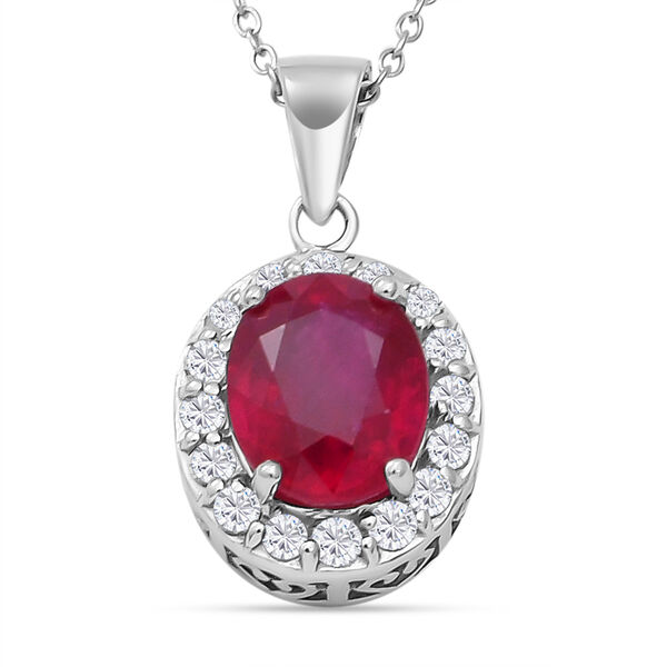 Afrikanischer Rubin und Zirkon-Halo-Anh&auml;nger mit Kette in Silber