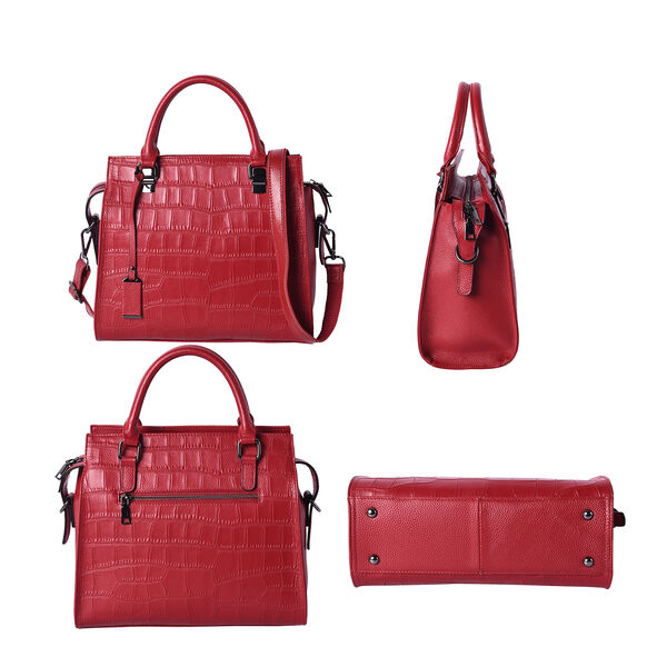Echtes Leder mit Kroko-Pr&auml;gung Handtasche mit Schulterriemen und Rei&szlig;verschluss, Rot image number 3