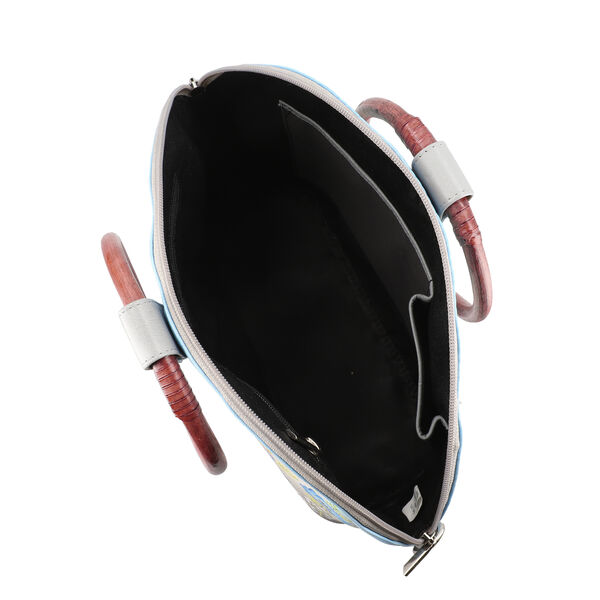 SUKRITI, Handbemalte 100 % Leder Tasche mit Maulbeerseiden Schal, Blumenmuster, Blau & Grau image number 5