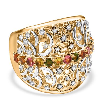 GP Celestial Kollektion AA Mehrfarbiger-Turmalin, Kanchanaburi Blauer Saphir Ring 925 Silber Rhodiniert und 750 Gelbgold Vermeil (Gr&ouml;&szlig;e 18.00) ca. 1.27 ct