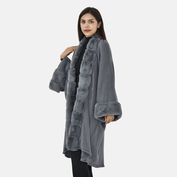 LA MAREY - Stilvoller langer Mantel mit Kunstpelzrand, 108x100cm, dunkelgrau image number 3