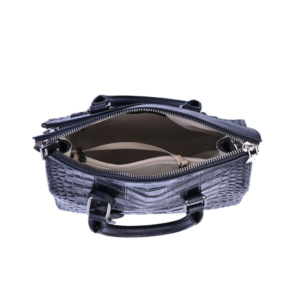 Schultertasche aus 100% echtem Leder mit Kroko-Pr&auml;gung und abnehmbarem Riemen, Schwarz&nbsp; image number 5