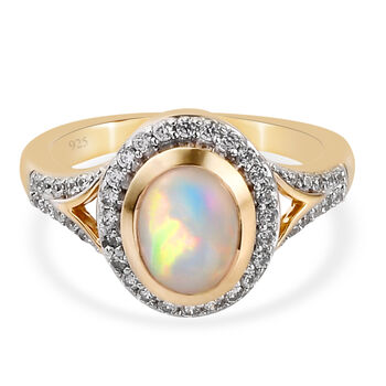 Nat&uuml;rlicher &Auml;thiopischer Opal und Zirkon Ring 925 Silber vergoldet (Gr&ouml;&szlig;e 16.00) ca. 1,34 ct
