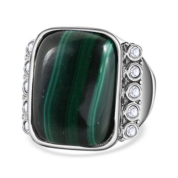 Malachit, Wei&szlig;er Zirkon Ring, 316L Edelstahl (Gr&ouml;&szlig;e 18.00) ca. 19.32 ct