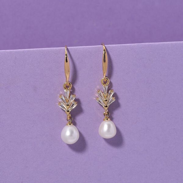 Wei&szlig;e S&uuml;&szlig;wasser Perle (7-9 mm), Wei&szlig;er Zirkonia Ohrringe Nickelfreies Messing vergoldet image number 2