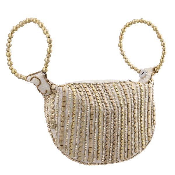 Handgefertigte Gl&uuml;ckskekstasche aus Samtbrokat mit Perlen, cr&eacute;me image number 3