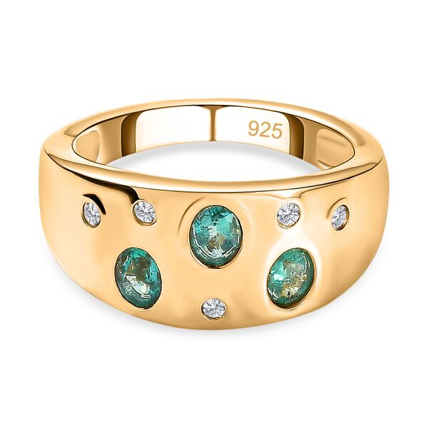 AAA Smaragd, Wei&szlig;er Zirkon Ring, 925 Silber Gelbgold Vermeil, (Gr&ouml;&szlig;e 21.00) ca. 0.61 ct