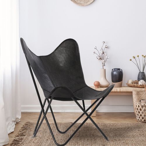 Zusammenklappbarer Butterfly-Sessel aus Echtleder, 92cm, Schwarz image number 1