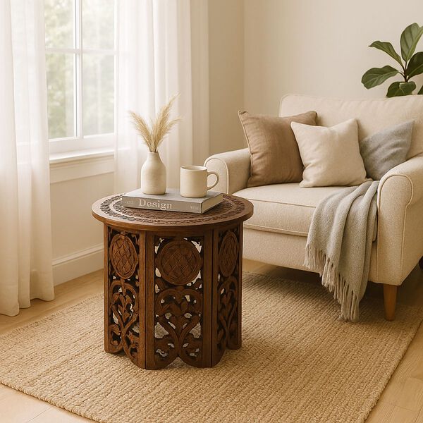 NAKKASHI Handgeschnitzter Couchtisch aus Mangoholz, 68x68x51cm, Braun image number 3