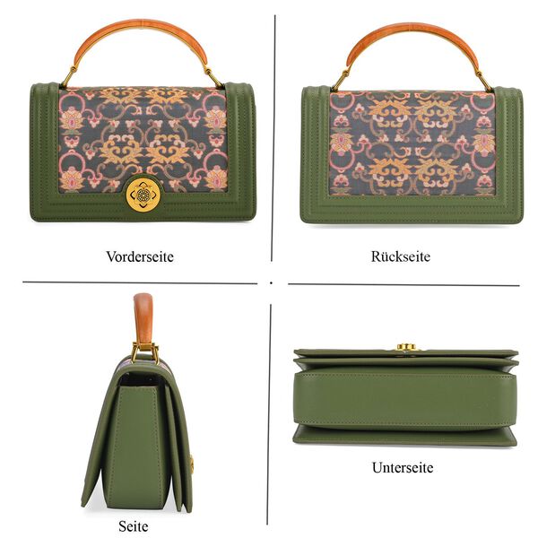 "Brand:La Marey Signature Brocade with Genuine Leather crossbody bag  Color:green Size:23*10*13.5cm Meterial: Wall-Silk/Genuine Leather; Lining-Polyester Exterior:lock-1 Interior: zipped-1,slid-2" image number 3