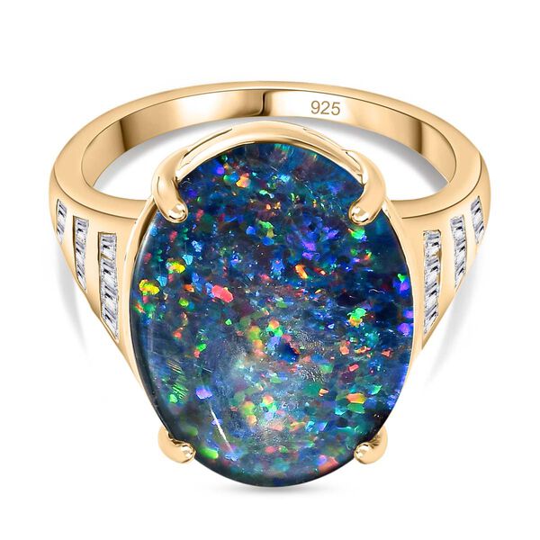 AAA Boulder Opal, Wei&szlig;er Zirkon Ring, 925 Silber Gelbgold Vermeil (Gr&ouml;&szlig;e 18.00), ca. 9.21 ct