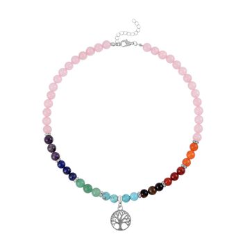 2er Set - Lebensbaum Anh&auml;nger Set mit Mehrfarbigen und Rosenquarz Edelsteinperlen Halskette und Armband