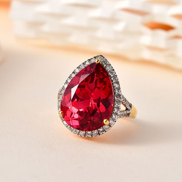 Lab Created Padparadscha-Saphir, Weißer Zirkon Ring, 925 Silber Gelbgold Vermeil, (Größe 18.00), ca. 16.76 ct image number 2