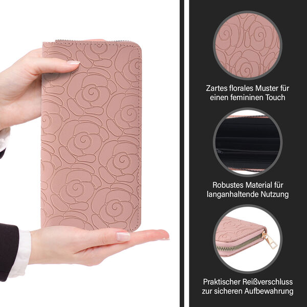 Lange Brieftasche aus naturfreundlichem Kunstleder, 19x2.5x10cm, florales Muster, rosa image number 2