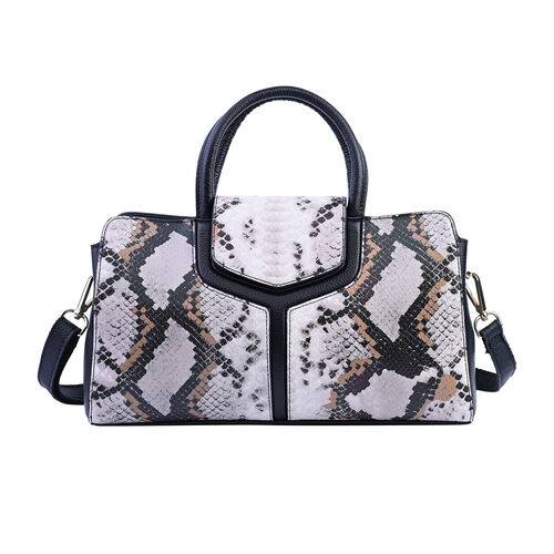 Handtasche aus 100% echtem Leder, Schlangenmuster, Schwarz und Beige  image number 0