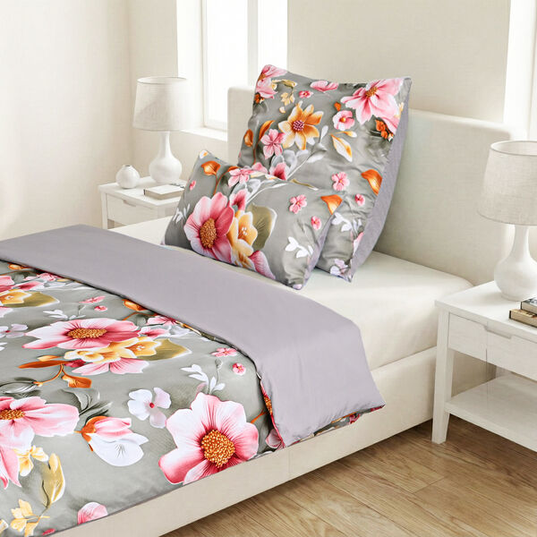 6-teiliges Bettw&auml;sche-Set mit Blumenprint, 135x200cm, Grau und ros