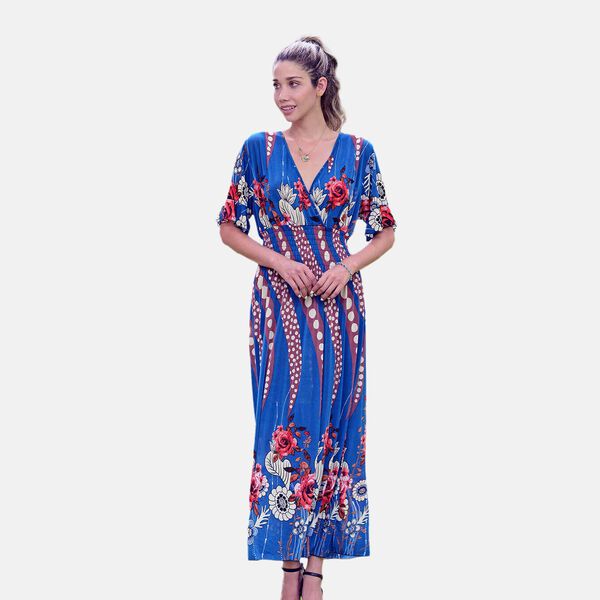 Gesmoktes Maxi-Kleid, Blumenmuster, Blau image number 4