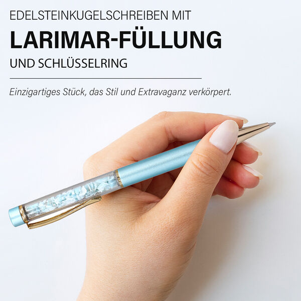 Kugelschreiber mit Larimar-Edelsteinf&uuml;llung, inkl. Nachf&uuml;llmine und Schl&uuml;sselanh&auml;nger, Blau image number 2