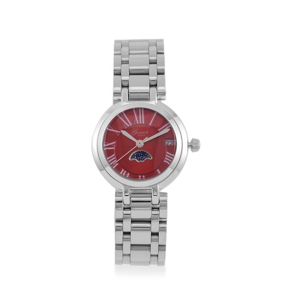 GENOA - Japanischem Uhrwerk und Rotem Sonnenschliff-Zifferblatt, Reiner Edelstahl, 20 cm